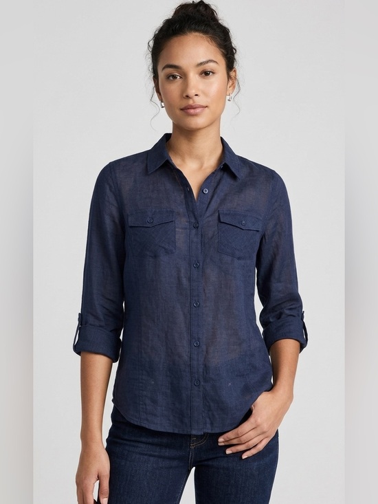 Club Monaco Tops - Club Monaco Navy Blue Sheer Utility Button Down Blouse Shirt Women’s Medium